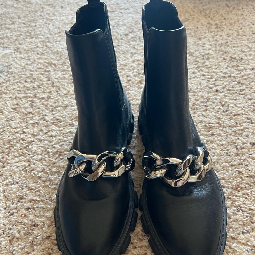 Michael Kors Black and Silver Ankle Booties with Chain Detail